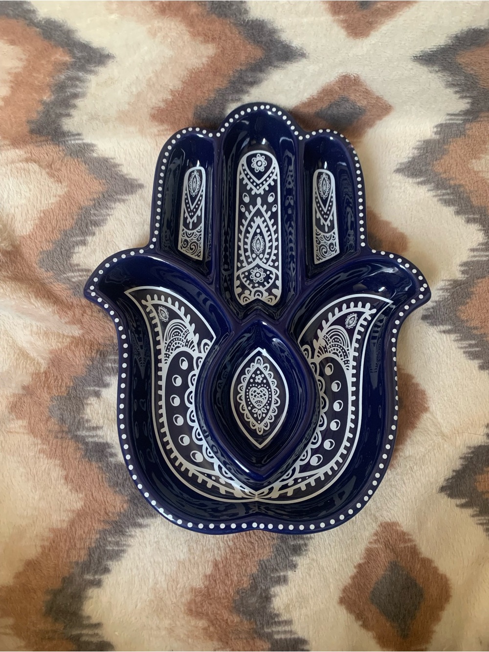 CELESTIAL Collection Blue Ceramic HAMSA HAND Serving Tray Decorative Plate 12 x9